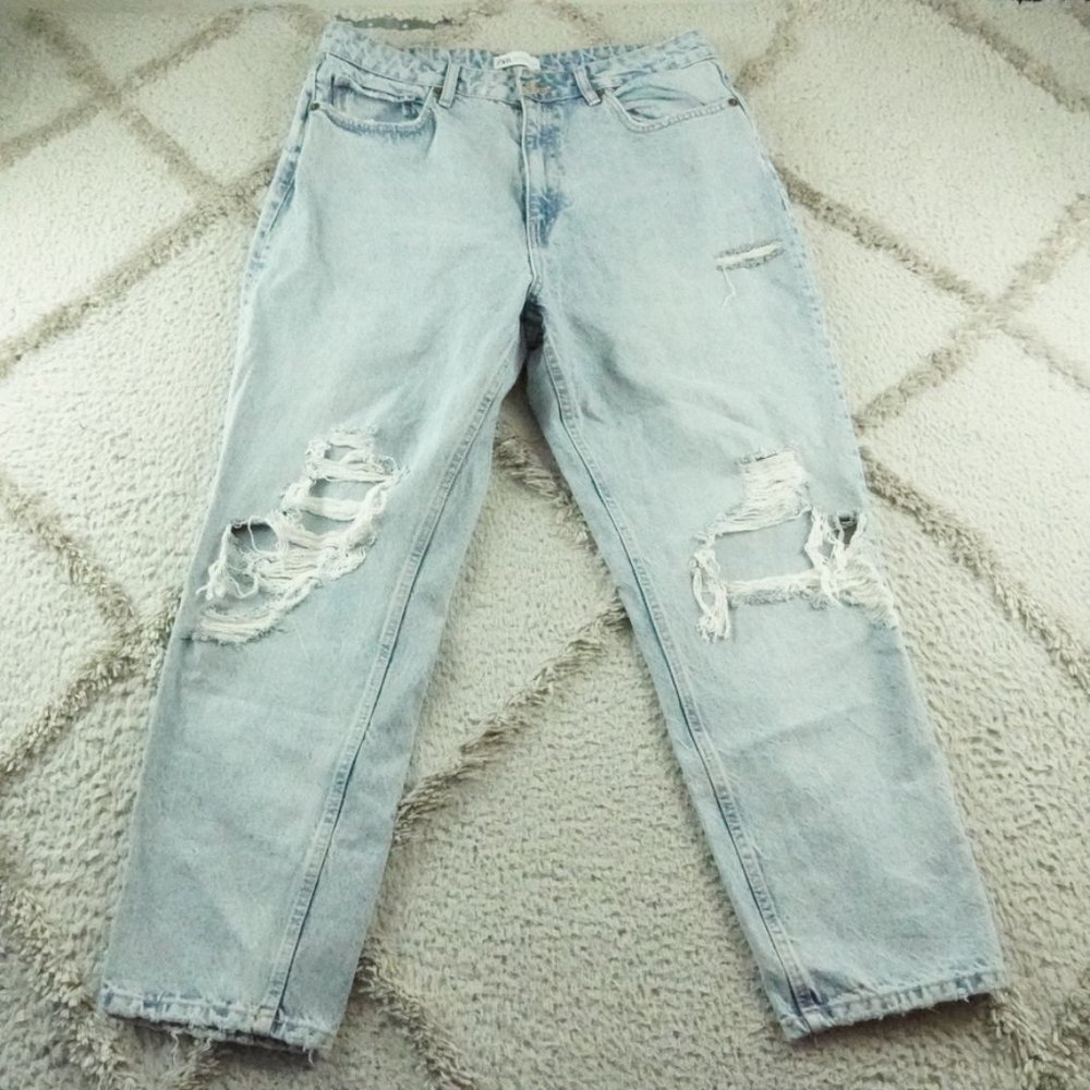 Zara Loose Fit Straight Leg Jeans Womens 12 Distressed Blue Denim High Rise